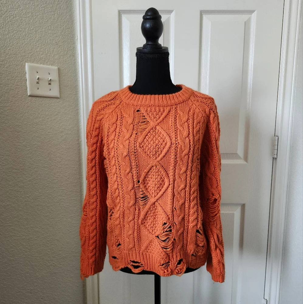 Boohoo Bright Orange Cable Knit Sweater Distressed Details S/M
